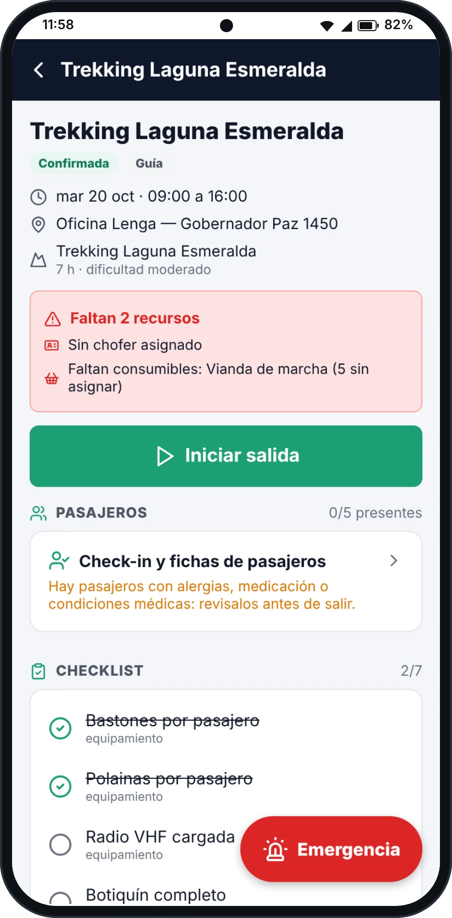 Detalle de la salida: Horarios, punto de encuentro, avisos médicos y el checklist antes de salir.