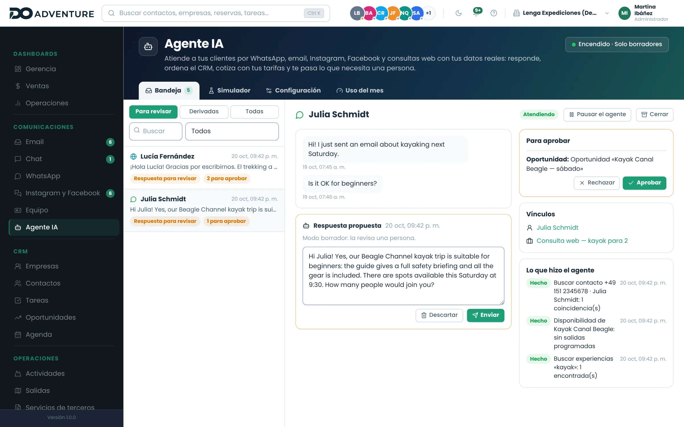 WhatsApp en inglés: busca la actividad, mira los cupos y vincula al cliente que ya existía