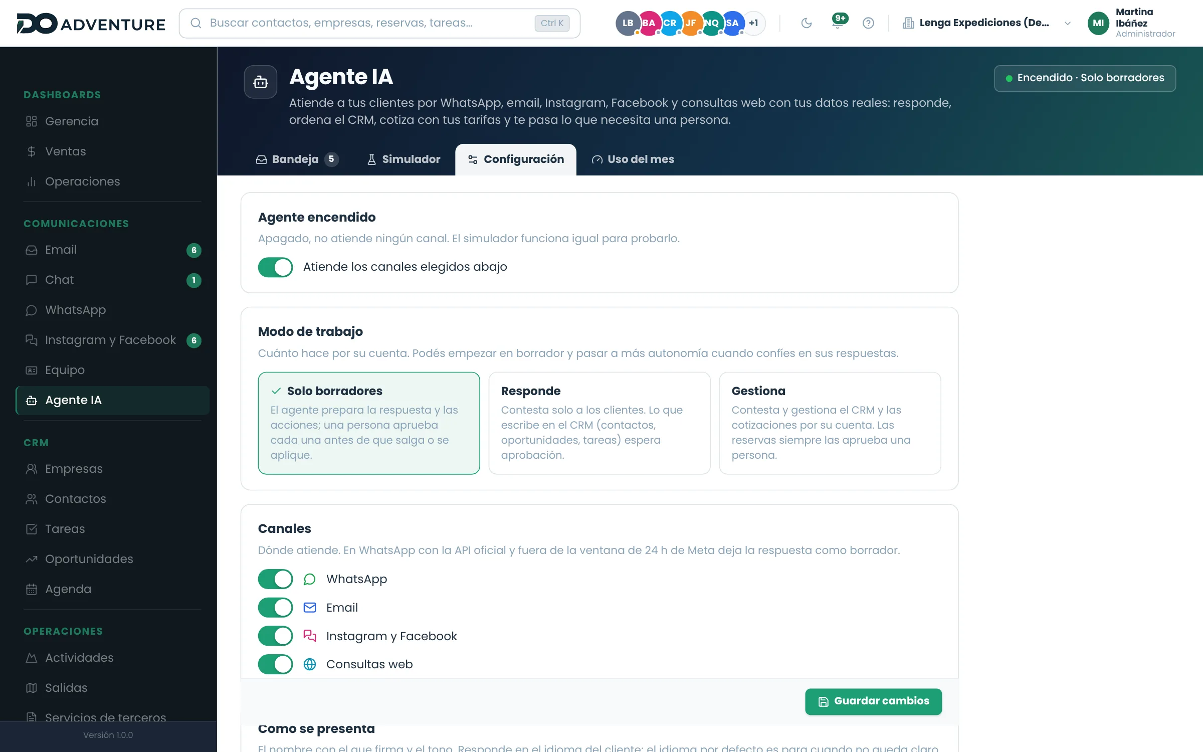 Configuración: modo de trabajo, canales, tono e instrucciones de la empresa