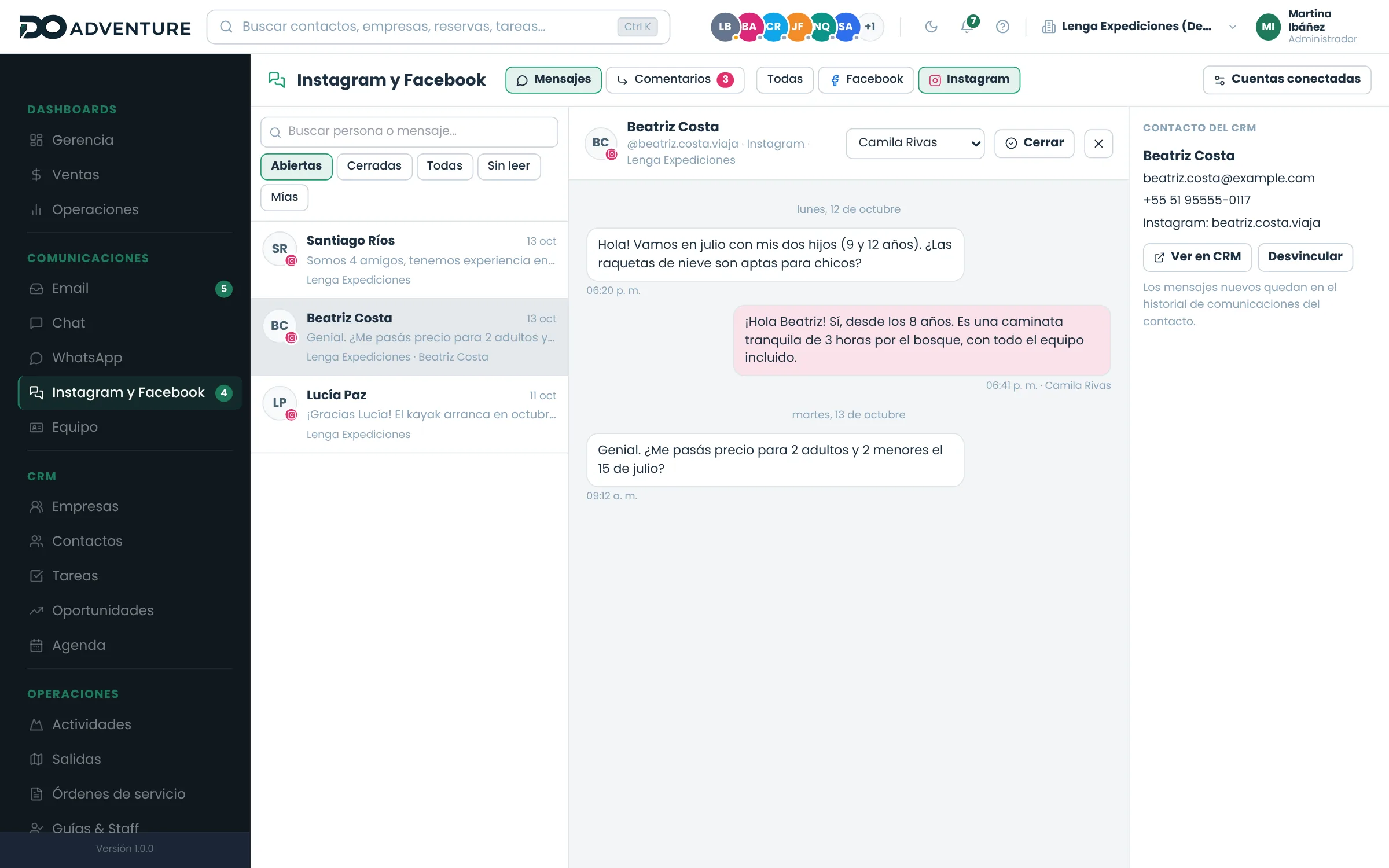 Mensajes directos de Instagram con el contacto del CRM vinculado