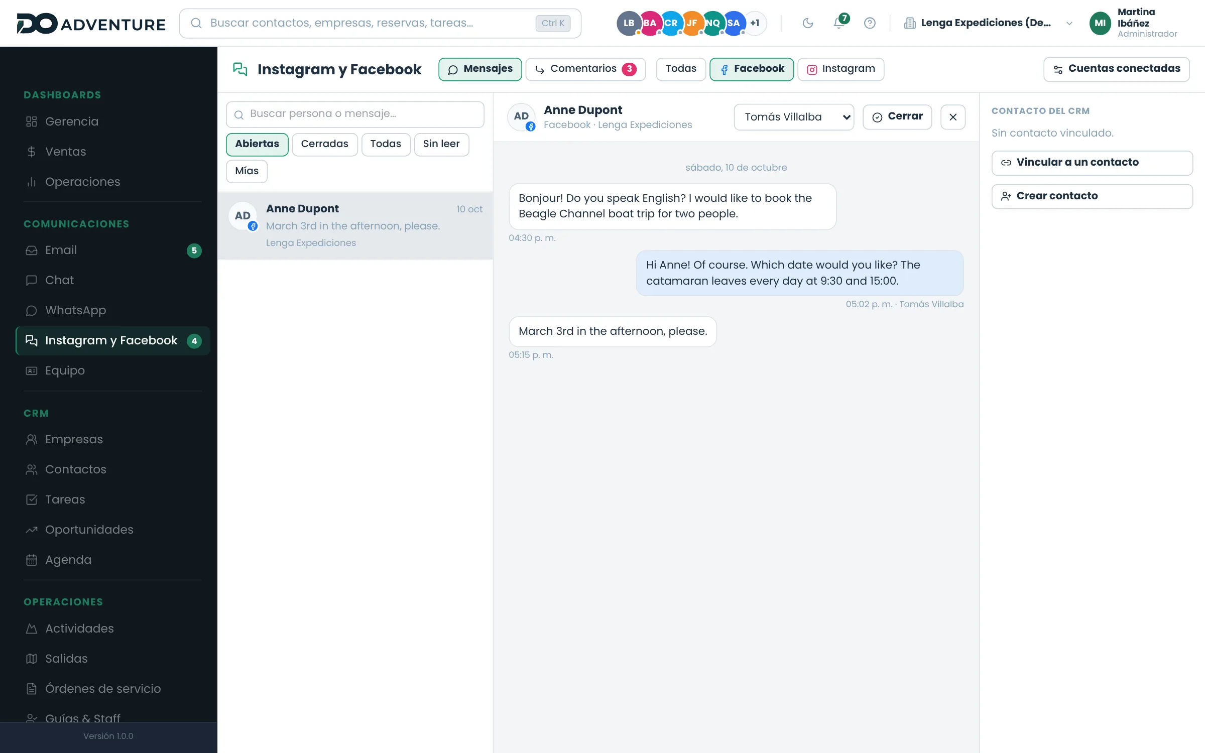 Mensajes de la página de Facebook, asignados a quien los atiende