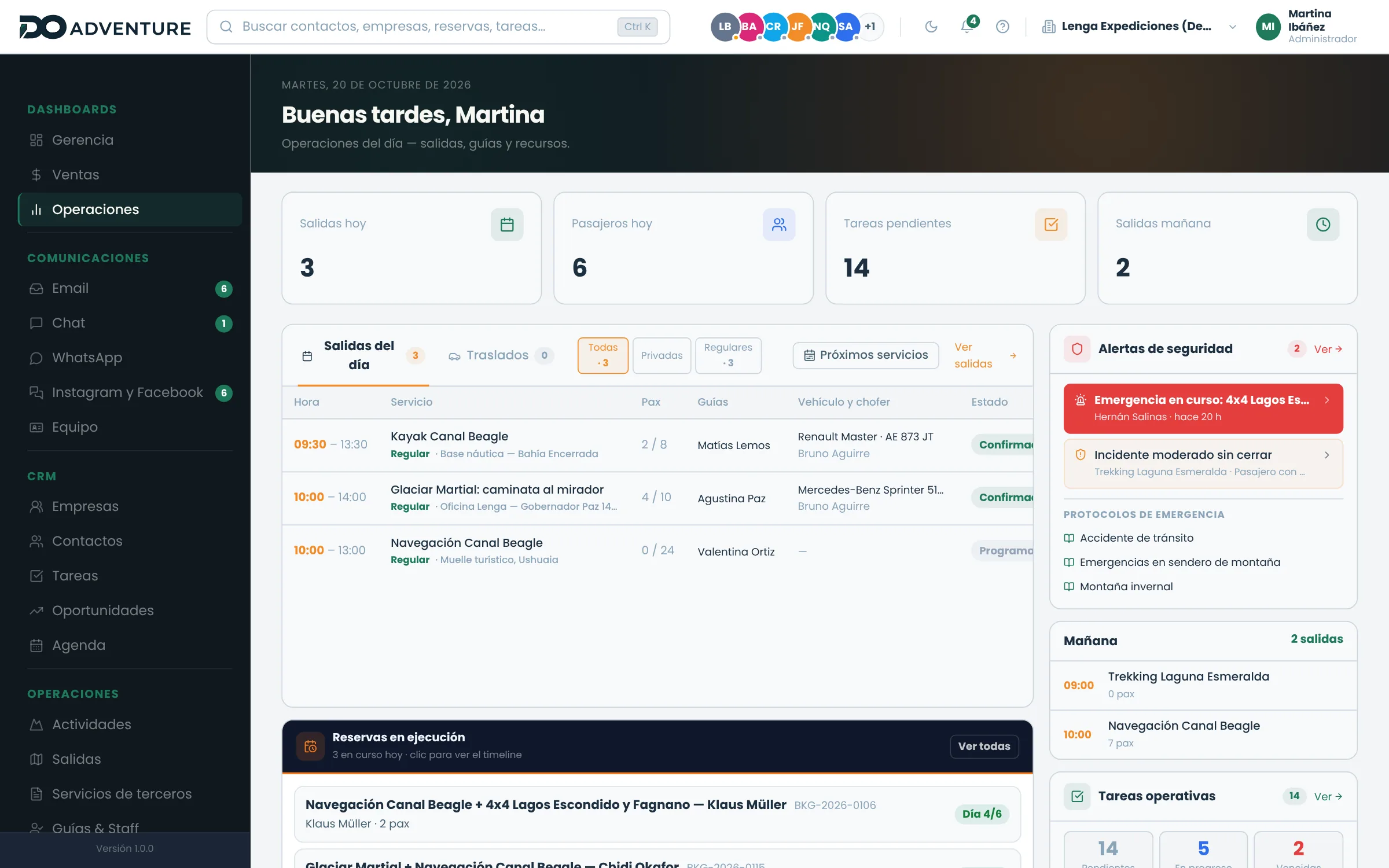 Dashboard de operaciones: salidas y traslados del día, pasajeros, tareas y alertas de seguridad