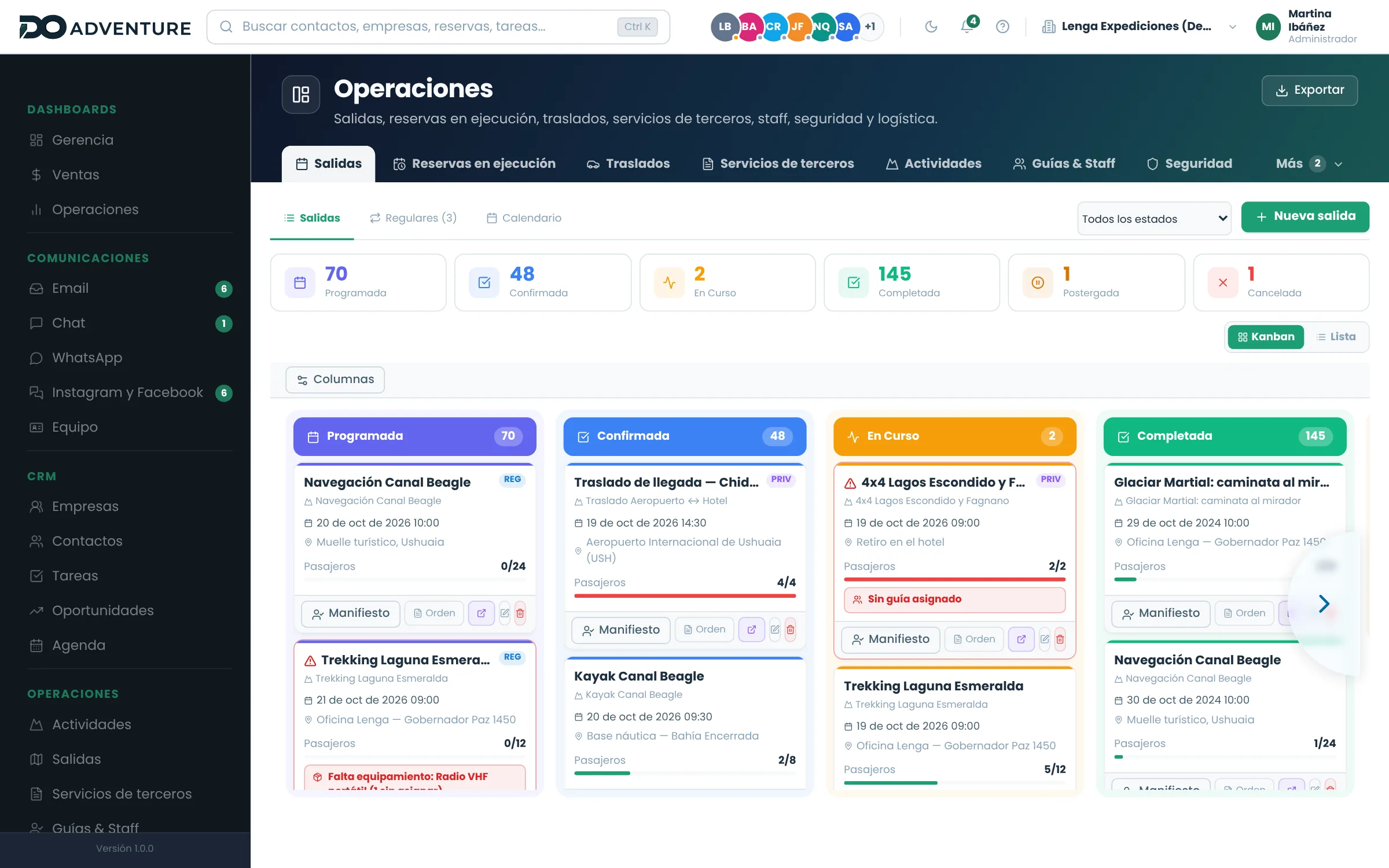 Tablero de salidas en kanban: cada salida en su estado, con cupos, guía asignado y faltantes de equipo