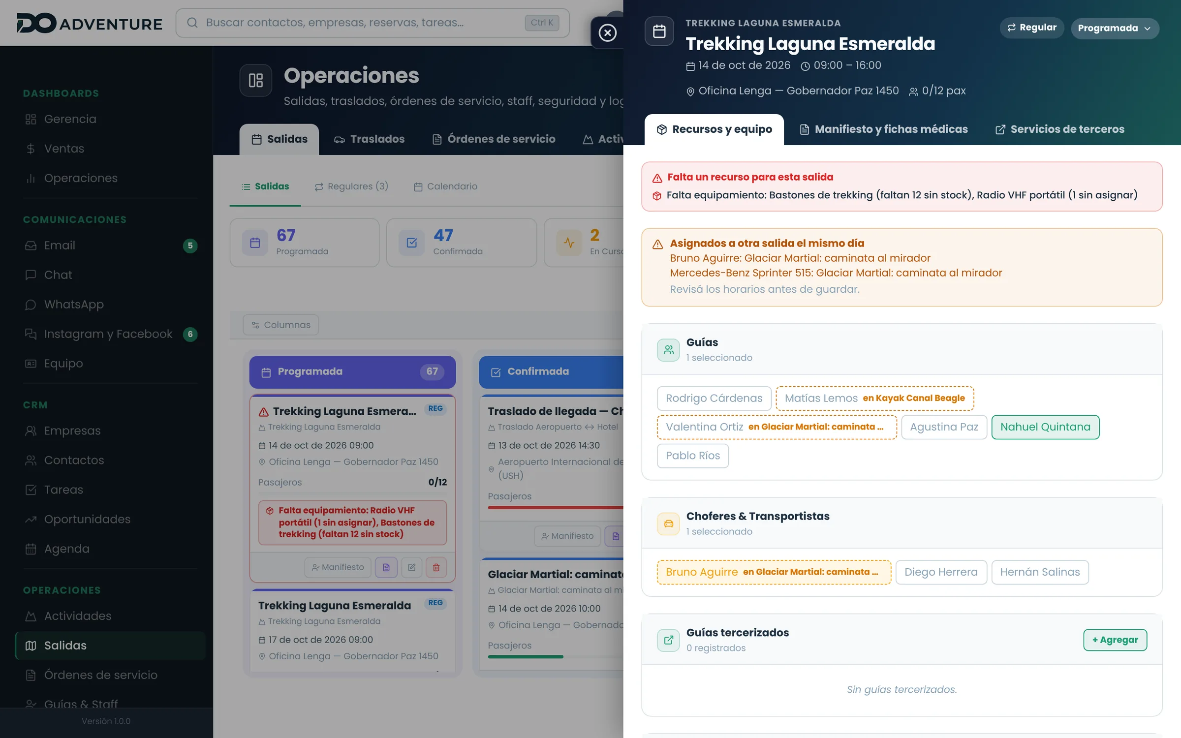 Guías, choferes y equipo asignados, con faltantes y superposiciones a la vista