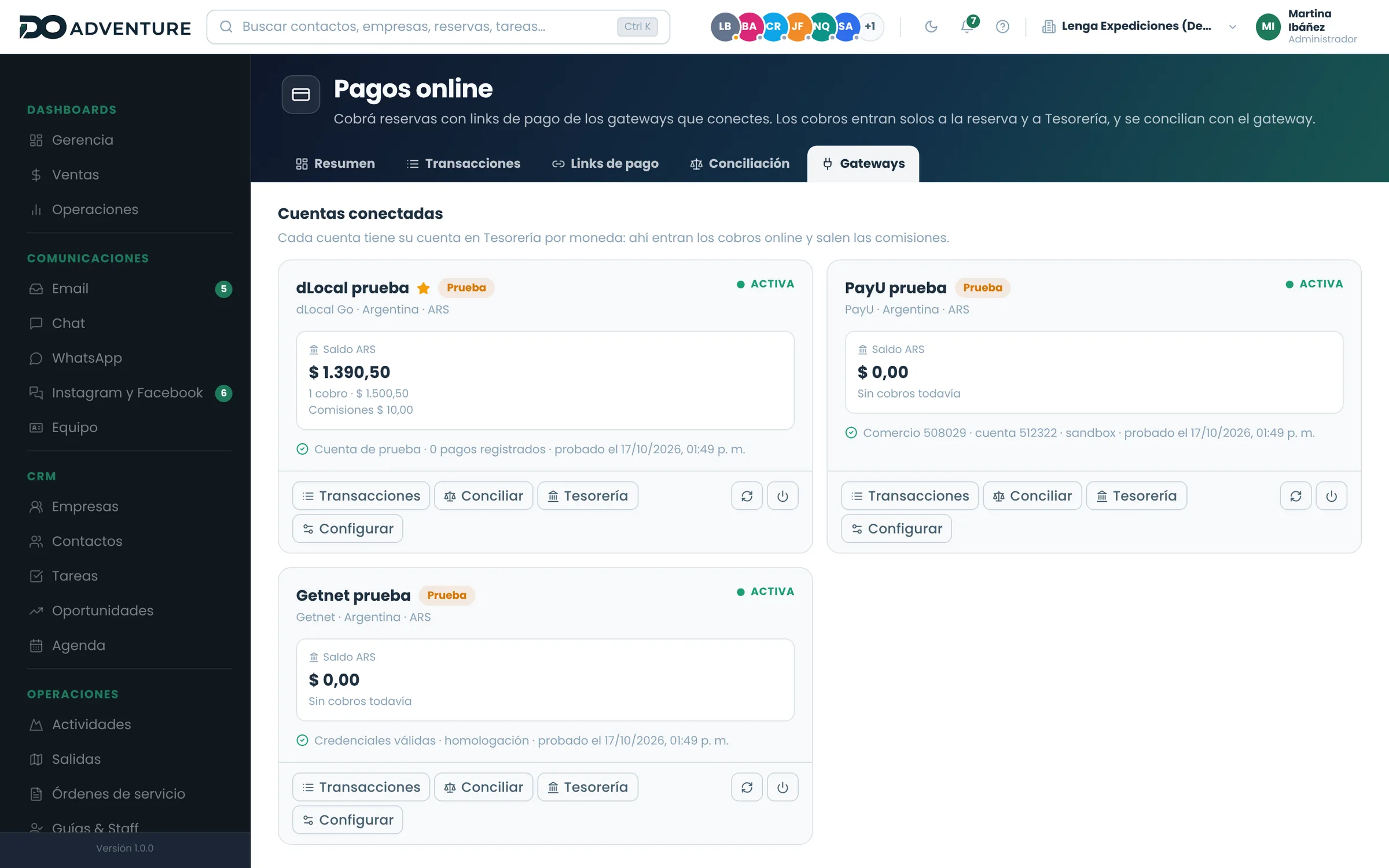 Los gateways conectados, con su saldo y su estado