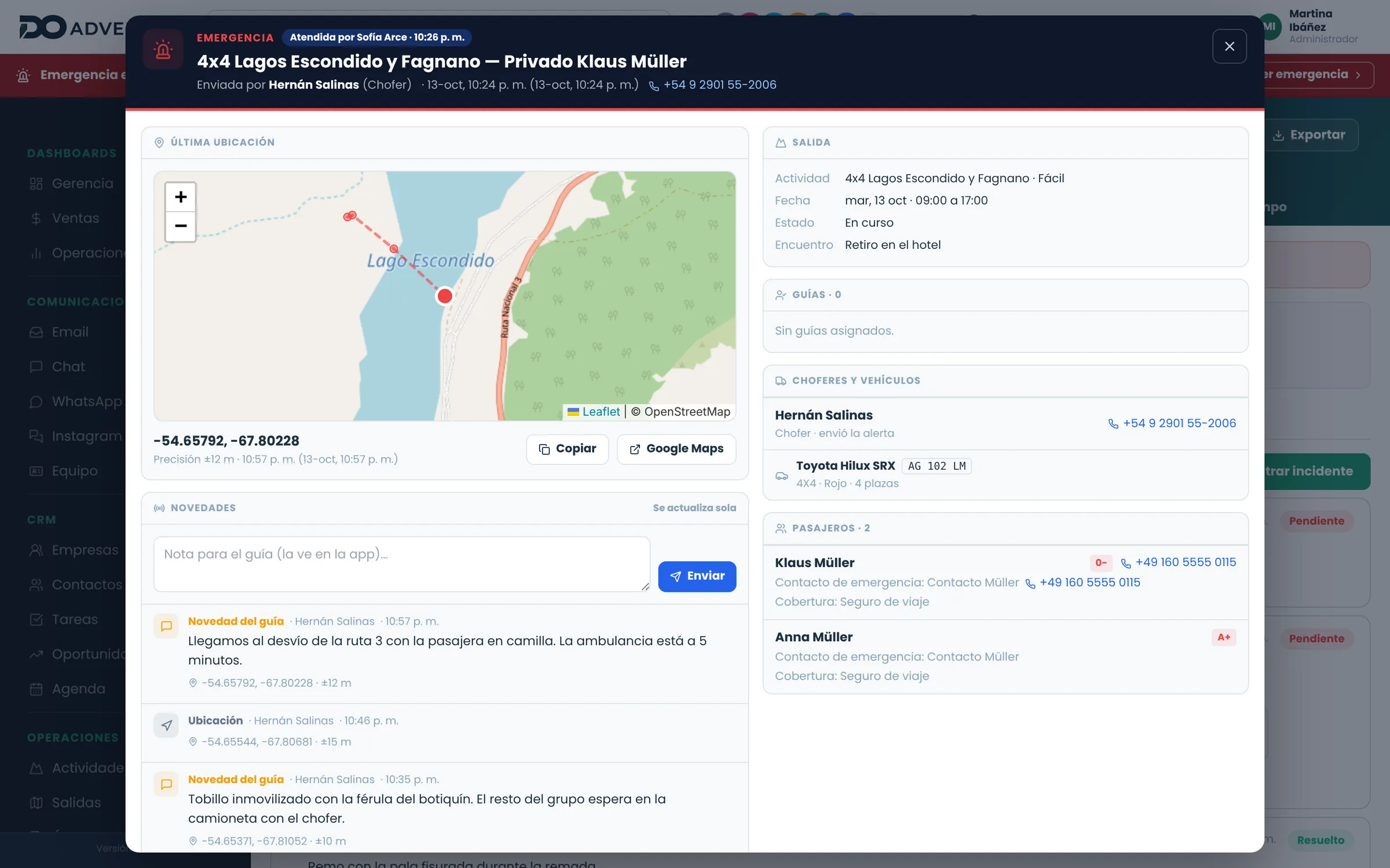 Una emergencia en curso: ubicación del guía, novedades en vivo y contactos de los pasajeros
